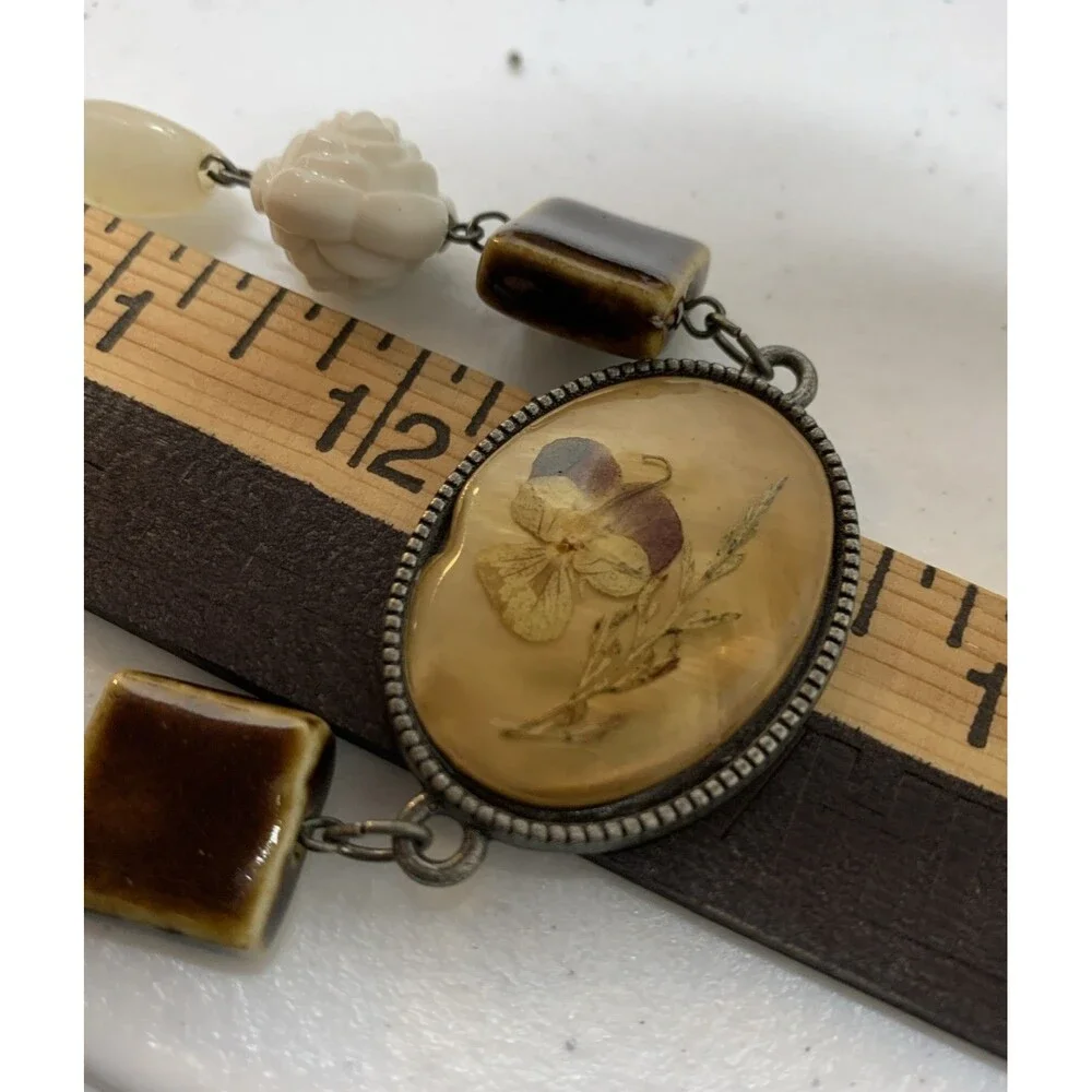 Statement Beaded Necklace Cream White Brown Resin Stone MOP Floral Inlay